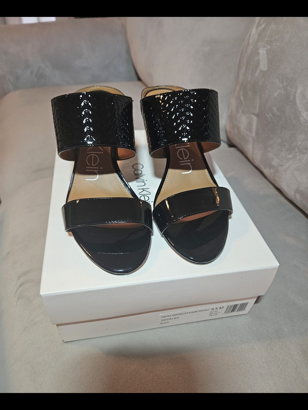 Calvin Klein Black Patent Two-Strap Block Heel Sandals